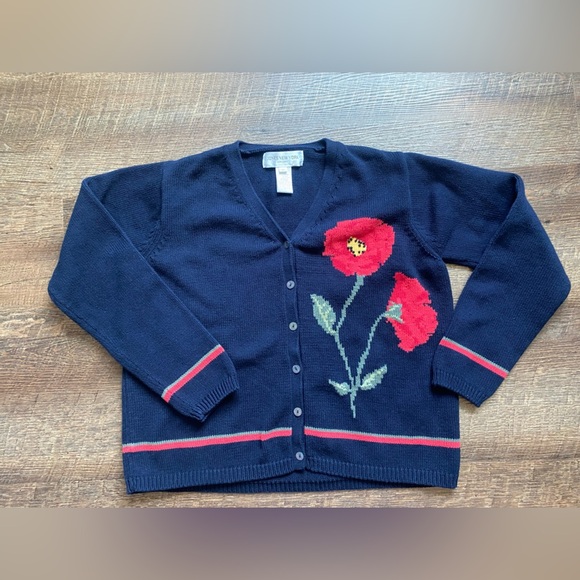 JONES NEW YORK SPORT vintage 90s cardigan navy red poppies floral sz M cottage - Picture 13 of 13